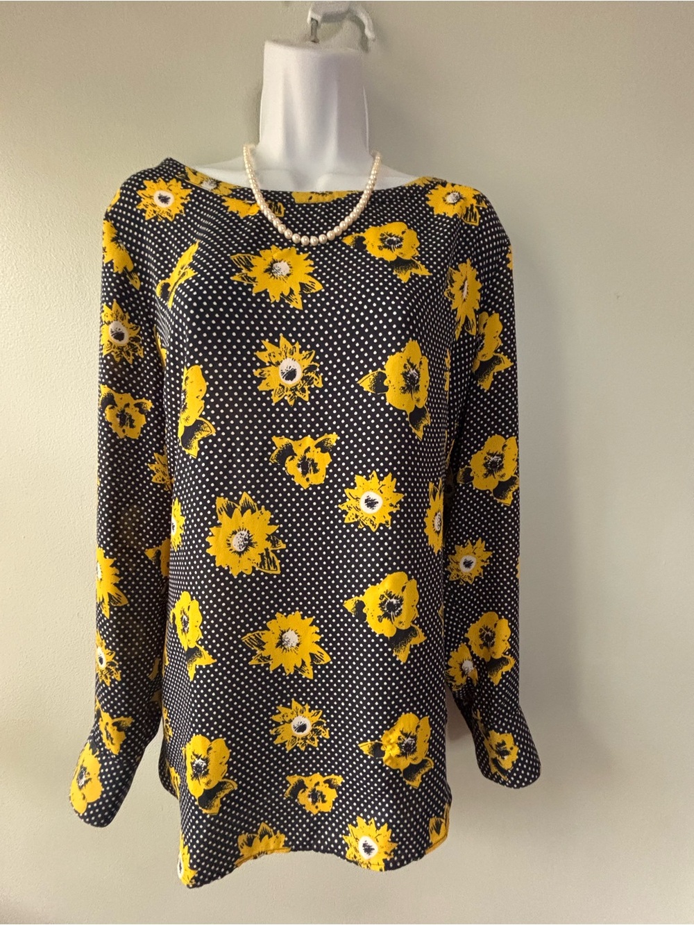 Banana Republic Sunflower Polka Dot Blouse Navy Yellow Floral SZ L Cottagecore